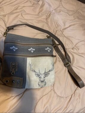 Canvas Crossbody Bag with Deer Print - Gray & Cream